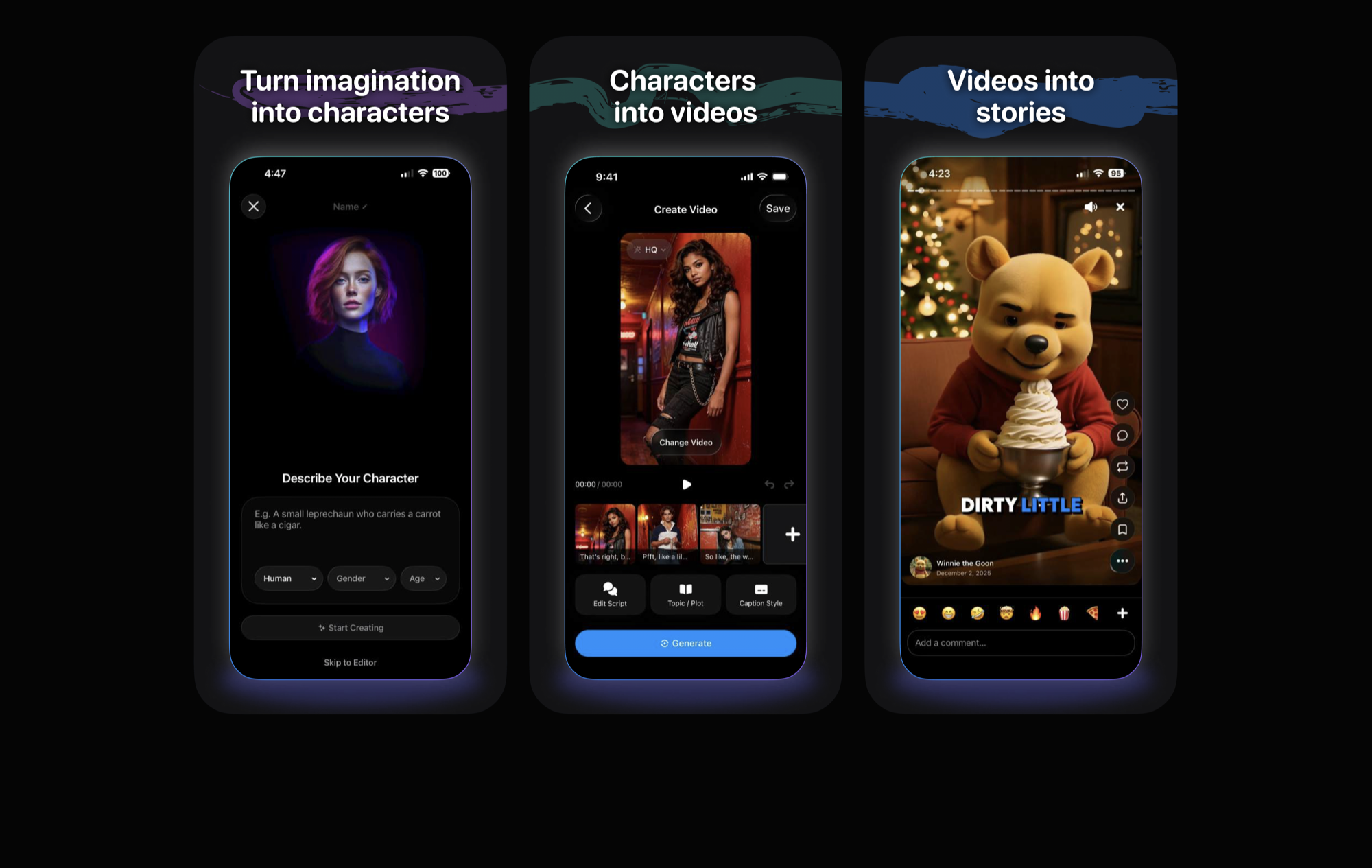 Turn imagination into characters, characters into videos, videos into stories